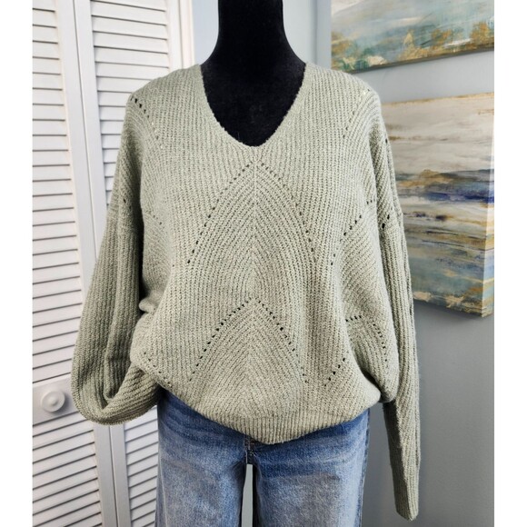 Pinque Design Studio Chenille Sweater Sage Green V-Neck Criss Cross Back Large - Picture 1 of 8